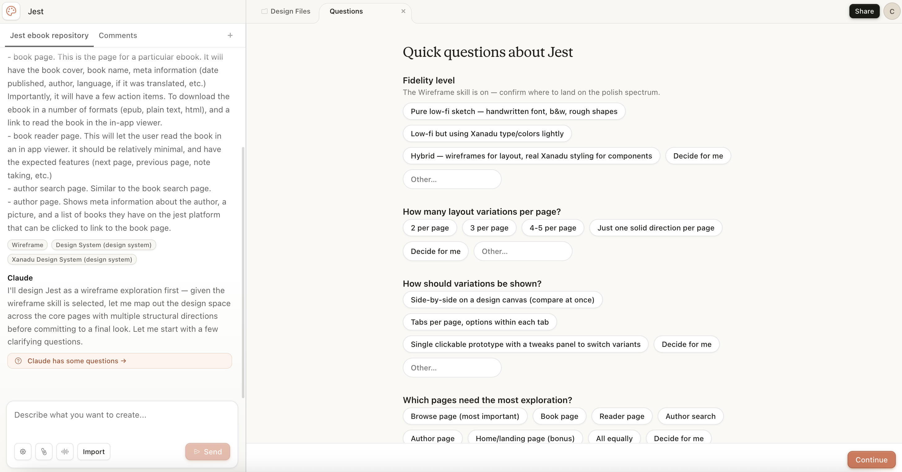 Claude Design wireframe questions