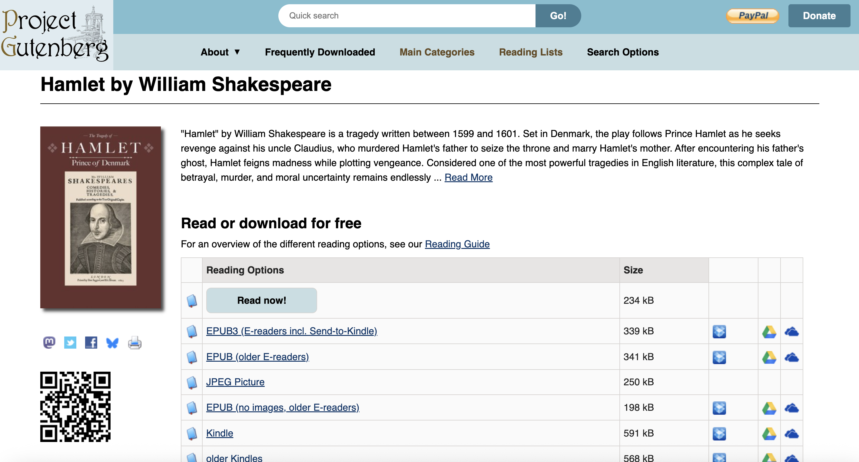 Project Gutenberg Hamlet page